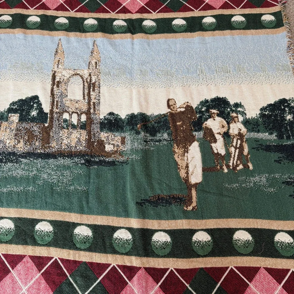 Vintage Golf Woven Cotton Tapestry Throw Blanket Argyle Fringe Made in USA 50x72